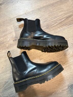 Dr. Martens Black Chelsea Platform Boots with Yellow Stitching